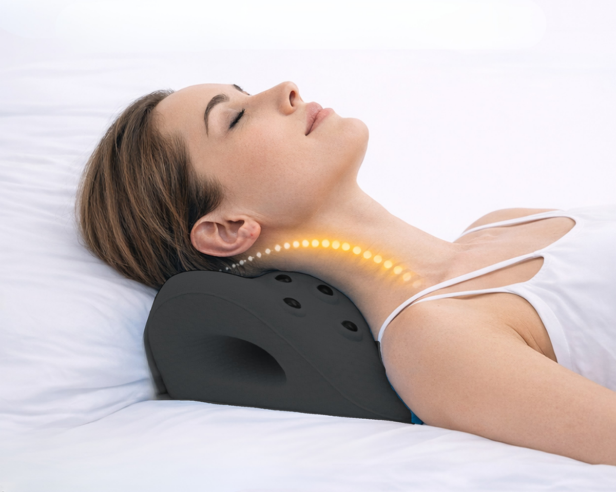 Mujer relajada tumbada sobre la almohada de tracción cervical negra ABB4US