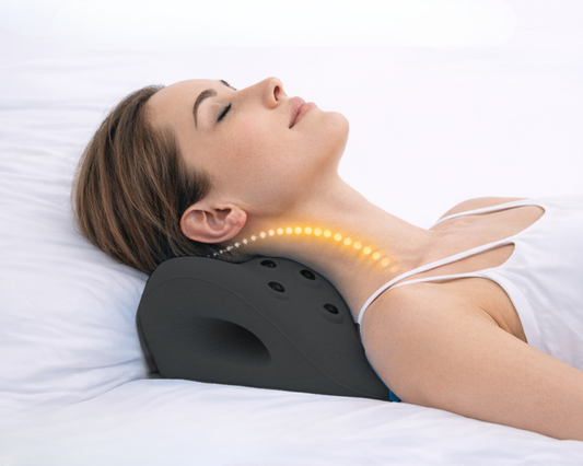 Mujer relajada tumbada sobre la almohada de tracción cervical negra ABB4US