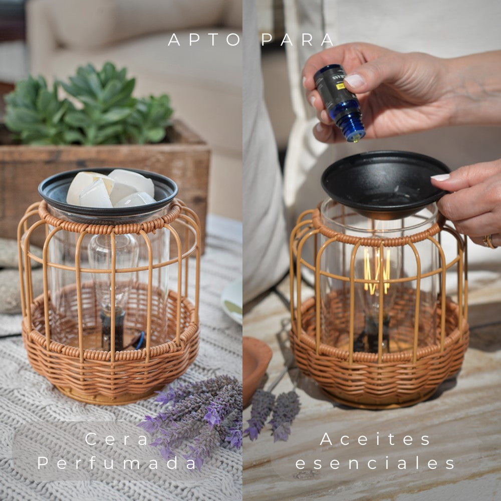 Calentador de Velas de Vidrio y Ratán ABB4US – Difusor Aromático Decorativo