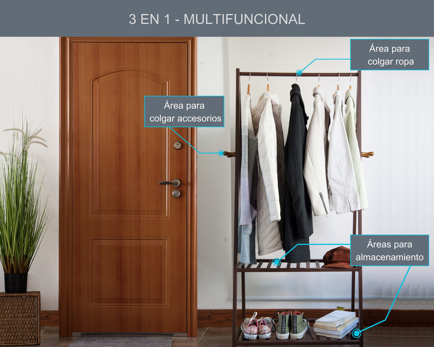 Perchero de Bambú con Estantes y Ruedas ABB4US