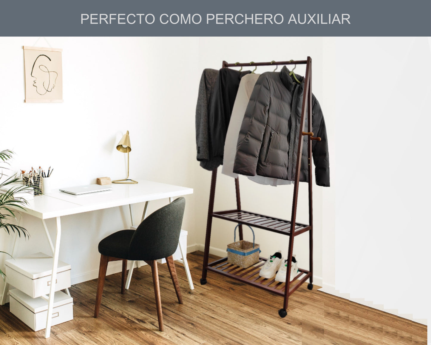 Perchero de Bambú con Estantes y Ruedas ABB4US