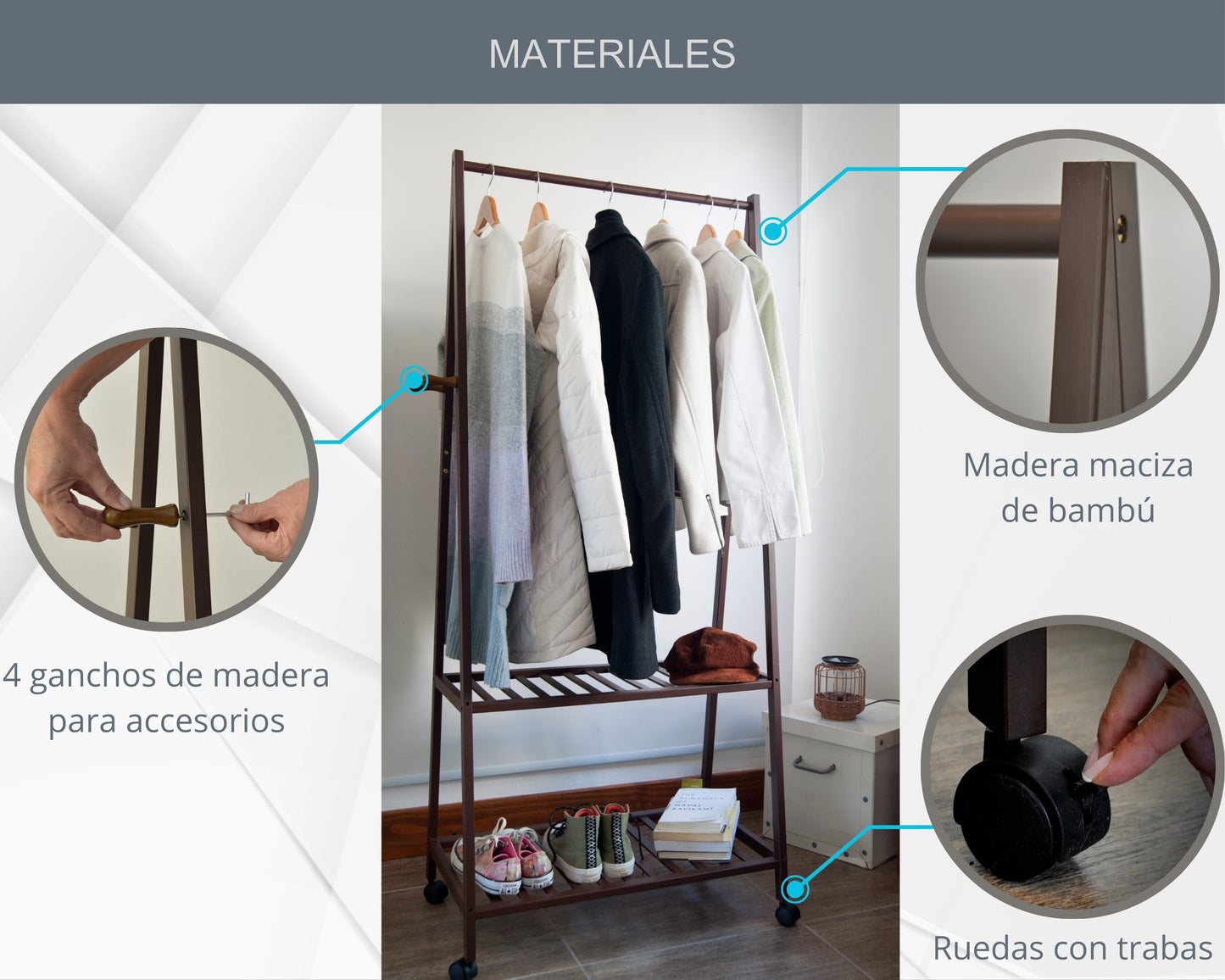 Perchero de Bambú con Estantes y Ruedas ABB4US