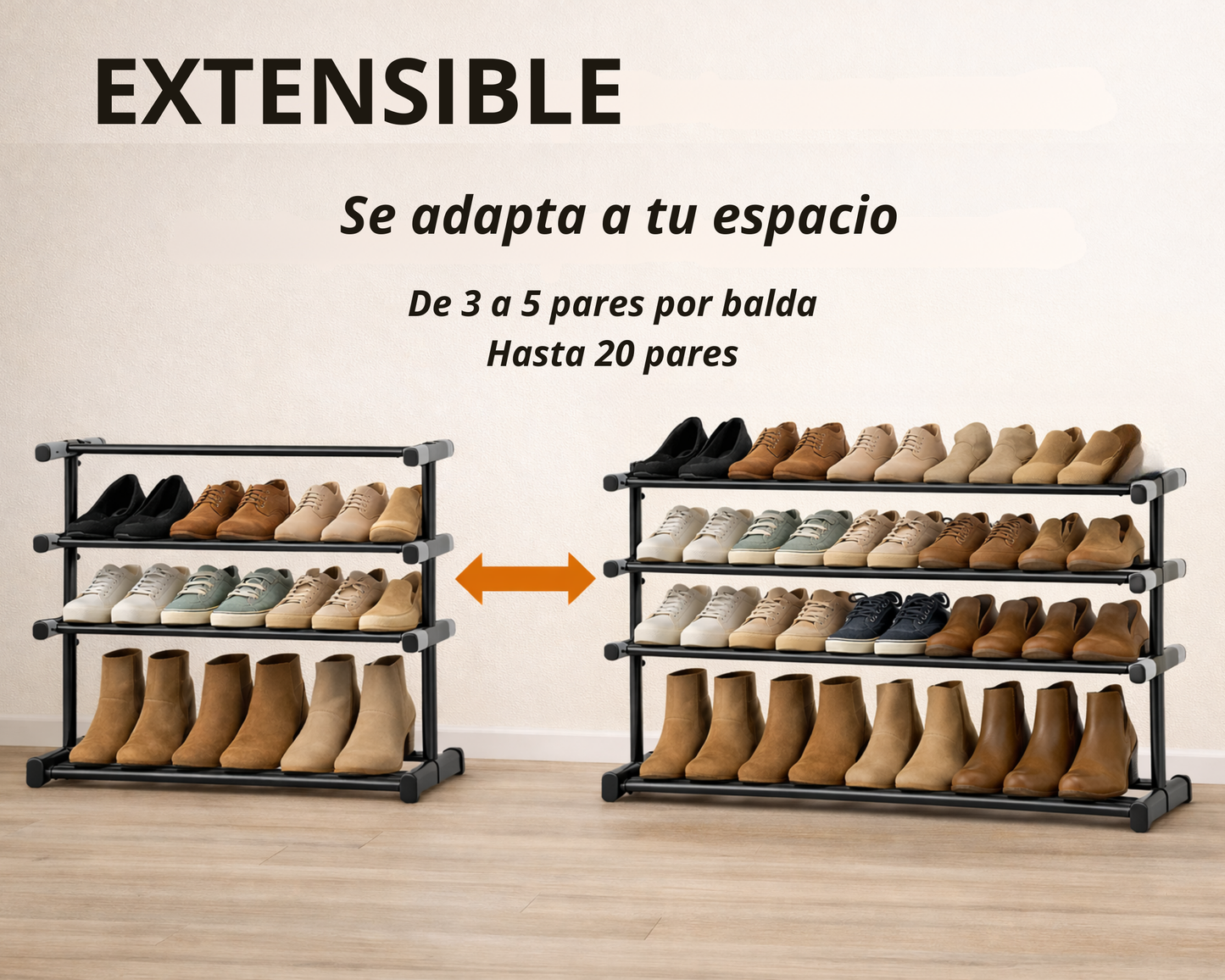 Étagère à chaussures en métal à 4 niveaux | Extensible | Hauteur et profondeur réglables | Rangement pour 20 paires de chaussures
