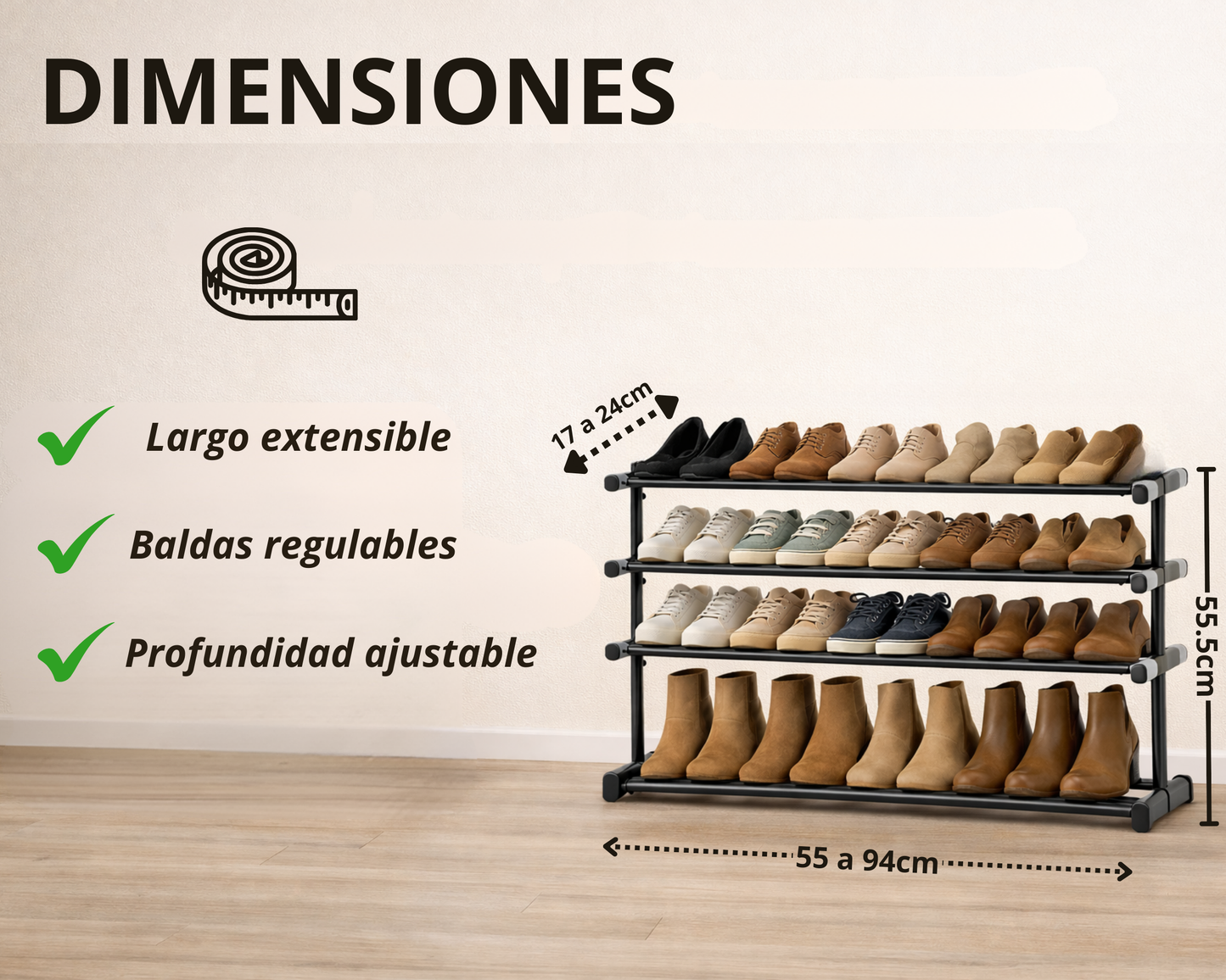 Étagère à chaussures en métal à 4 niveaux | Extensible | Hauteur et profondeur réglables | Rangement pour 20 paires de chaussures