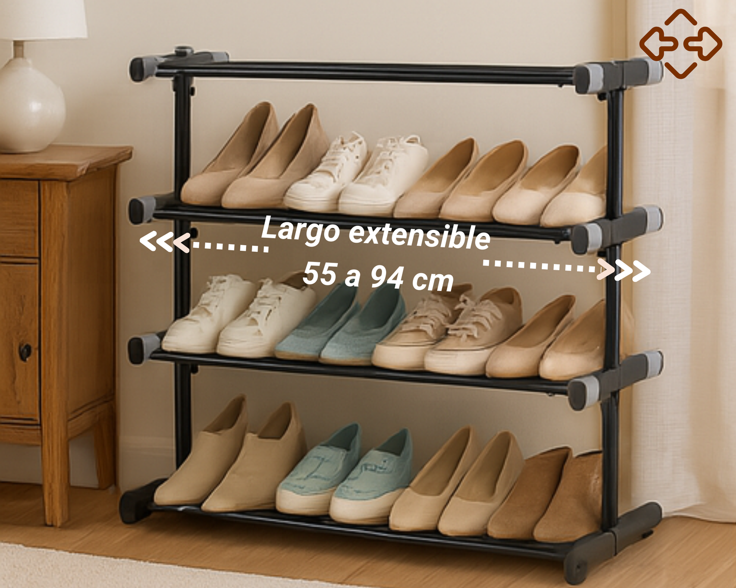 Étagère à chaussures en métal à 4 niveaux | Extensible | Hauteur et profondeur réglables | Rangement pour 20 paires de chaussures