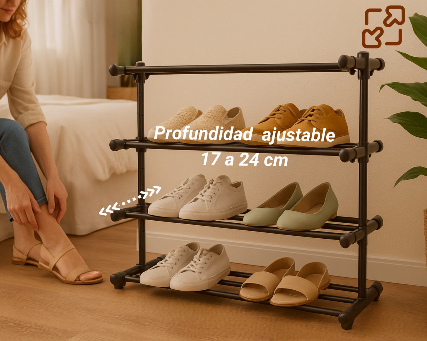 Étagère à chaussures en métal à 4 niveaux | Extensible | Hauteur et profondeur réglables | Rangement pour 20 paires de chaussures